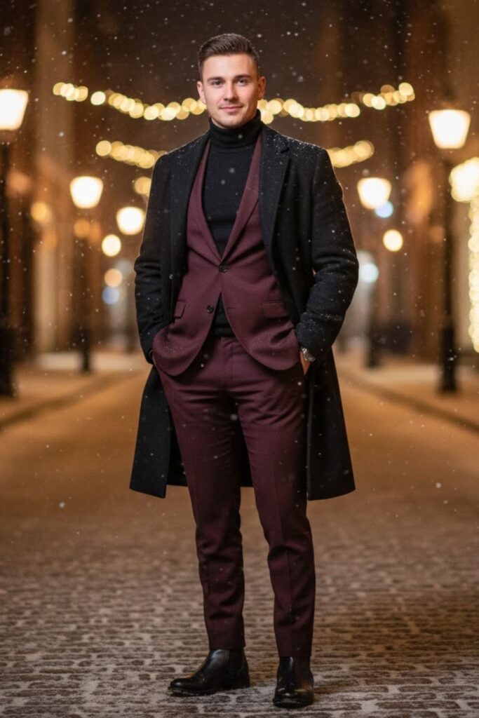 Burgundy Suit with Black Turtleneck