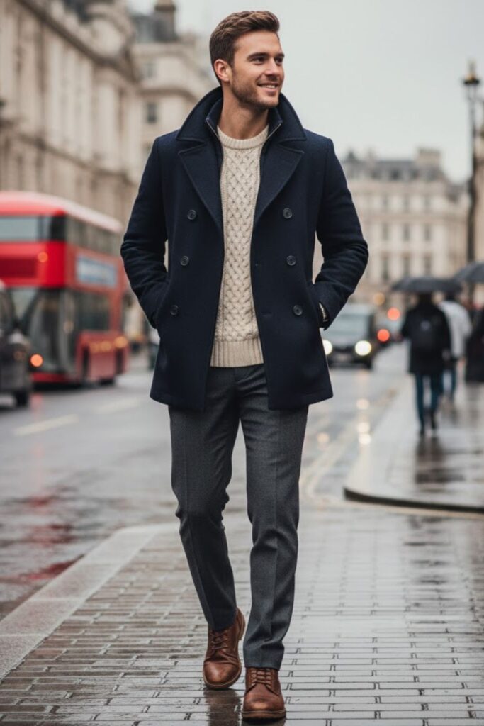 Cable-Knit Sweater with Peacoat and Trousers