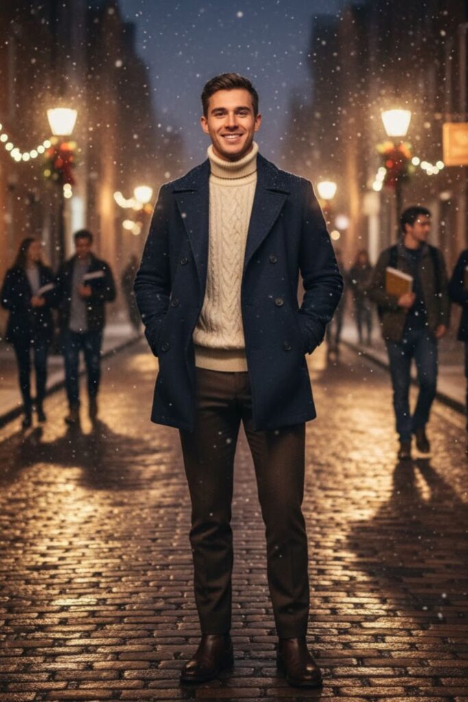 Cable-Knit Sweater with Peacoat and Wool Pants