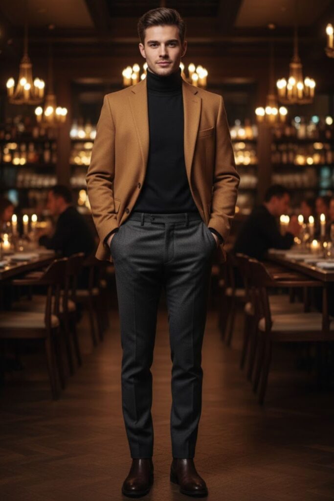 Camel Blazer with Turtleneck and Black Pants