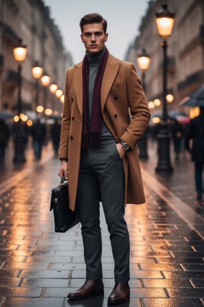Camel Coat with Gray Sweater and Wool Scarf