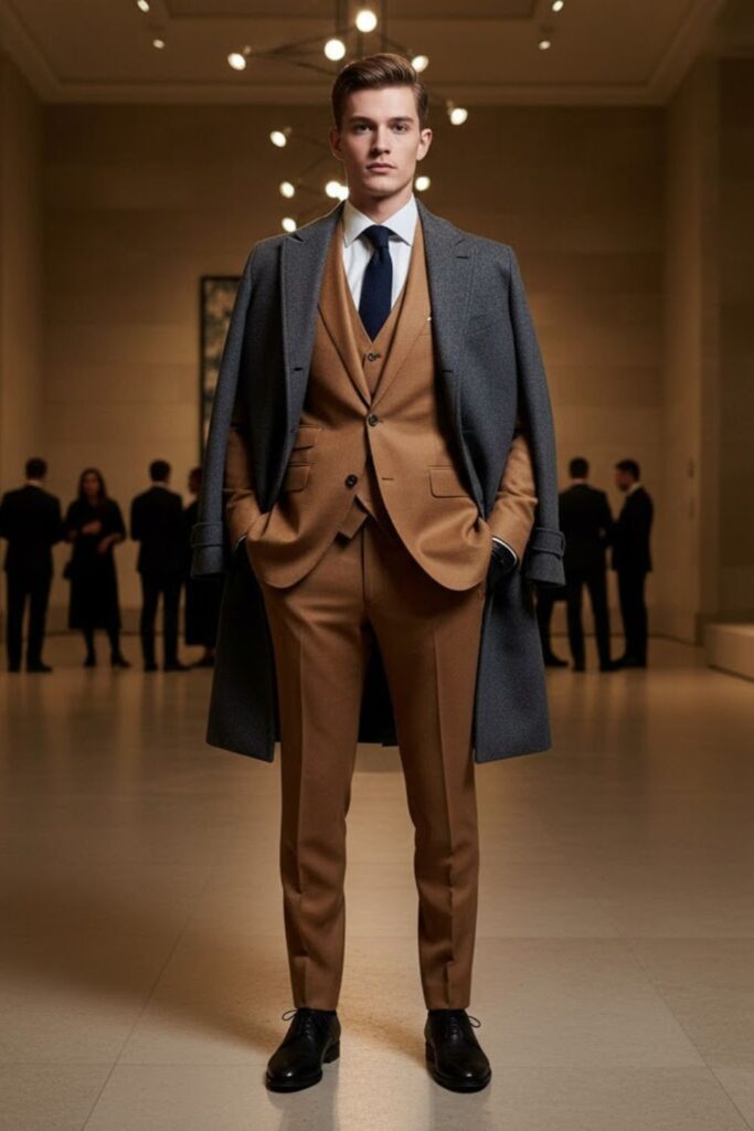 Camel Suit with Dark Accessories