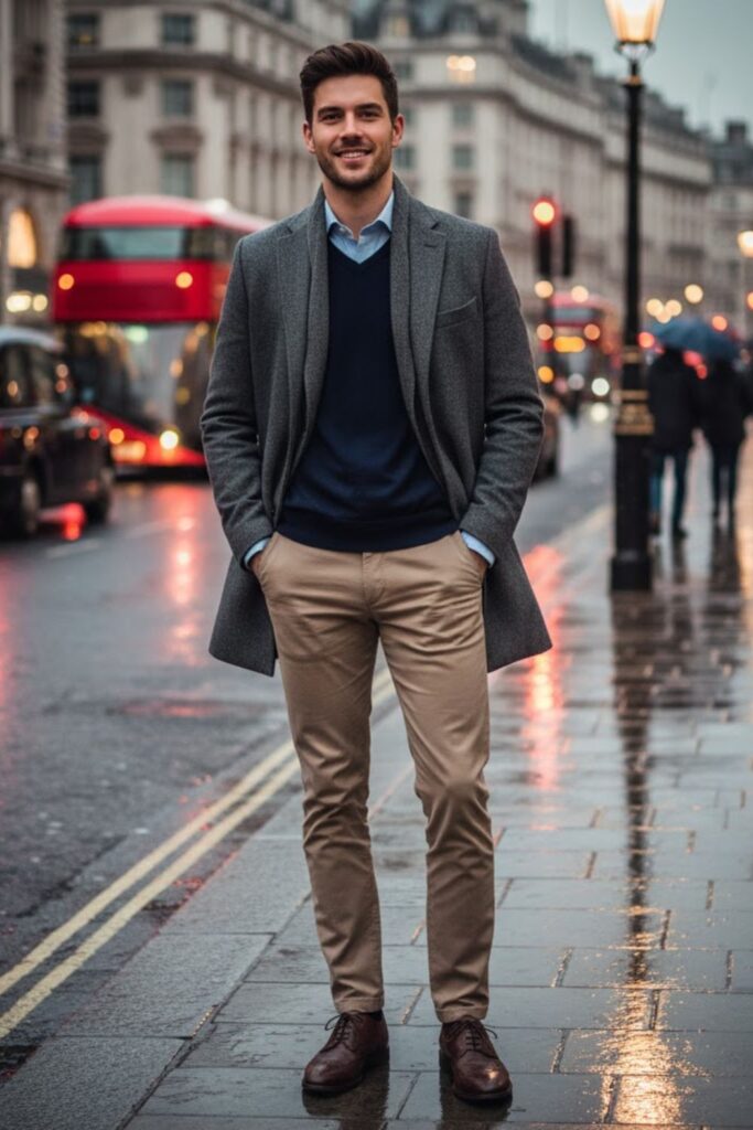 Cashmere Sweater with Button-Up Shirt and Chinos