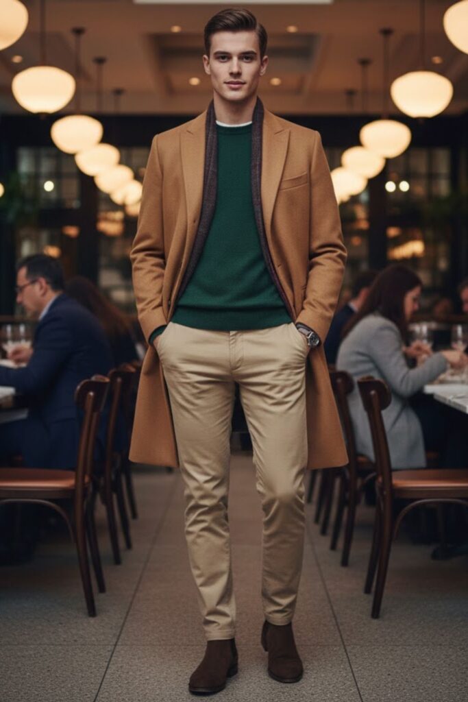 Cashmere Sweater with Wool Coat and Chinos