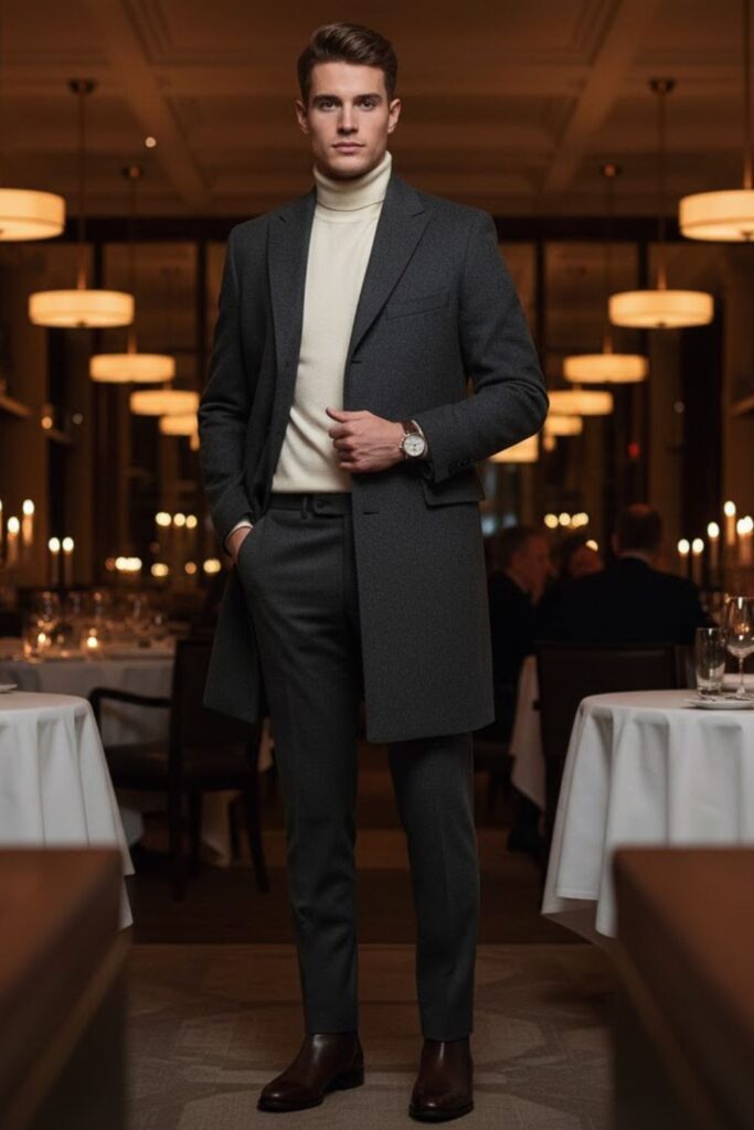 Cashmere Sweater with Wool Coat and Dress Boots