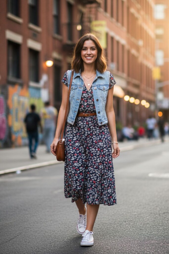 Casual Dress with Denim Vest
