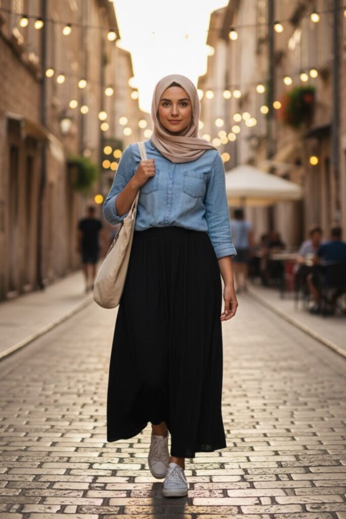 Chambray Shirt, Black Maxi Skirt, White Sneakers, Light Neutral Hijab