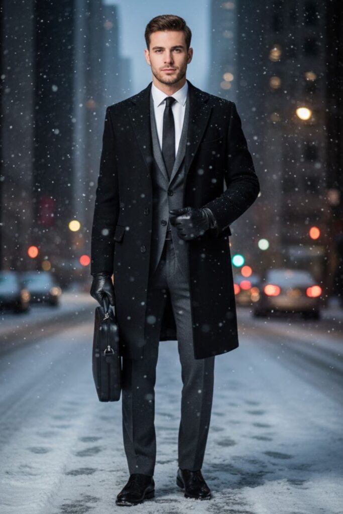 Charcoal Wool Suit with Black Overcoat