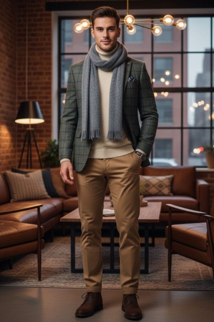 Checked Blazer with Mock Neck Sweater and Chinos