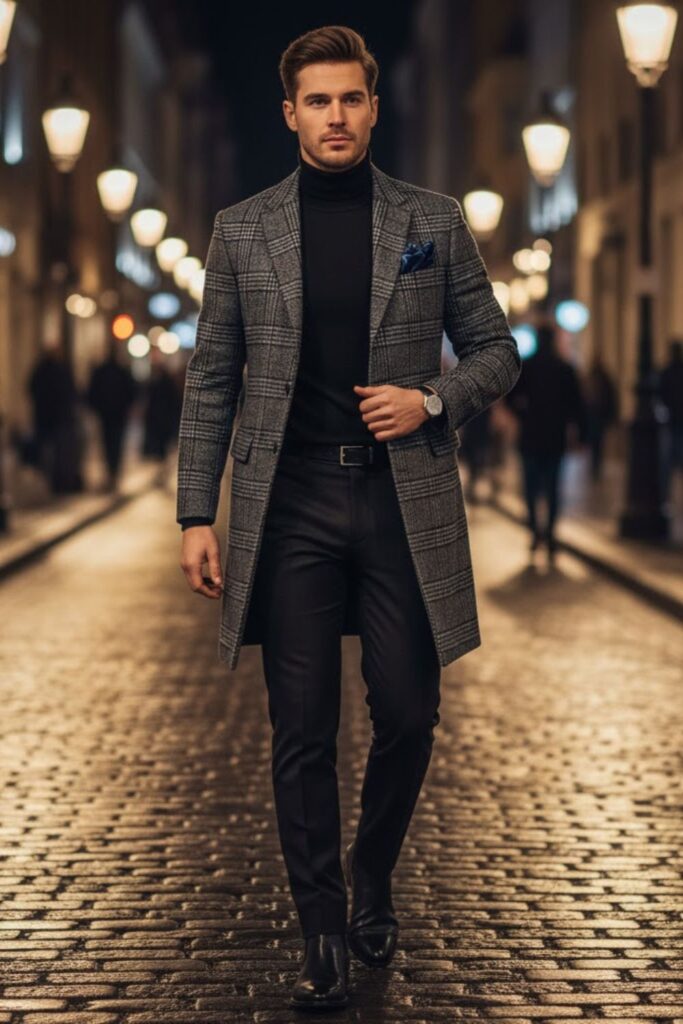 Checkered Coat with Turtleneck