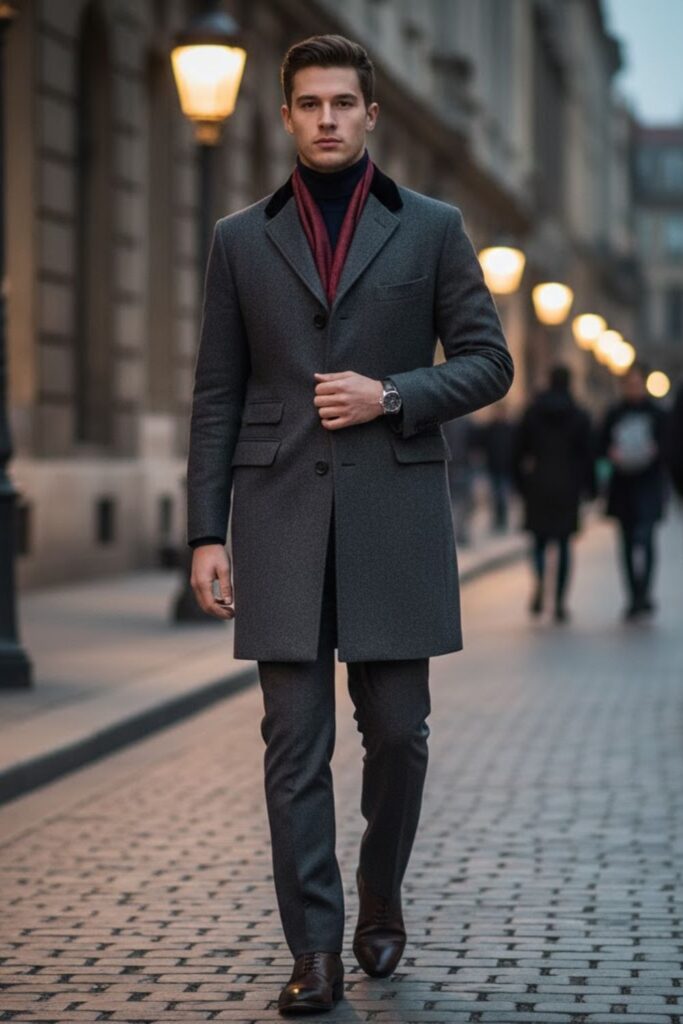 Chesterfield Coat with Scarf and Leather Boots