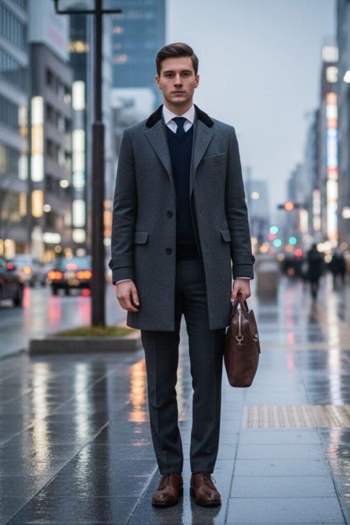 Chesterfield coat + button-down shirt + wool trousers + leather derby shoes