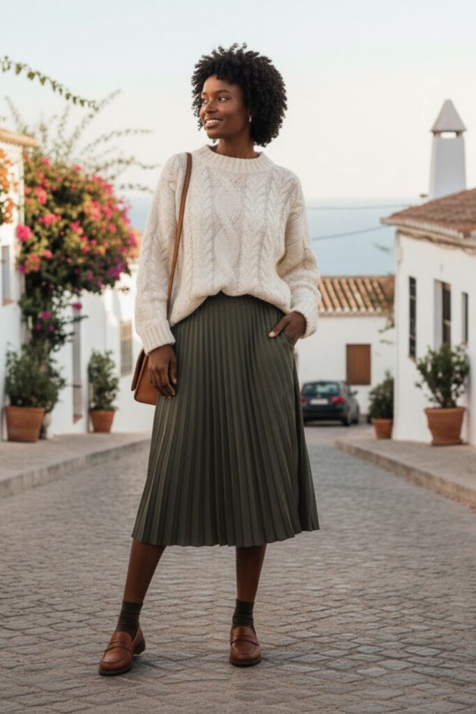 Chunky Cable-Knit Sweater with Pleated Midi Skirt