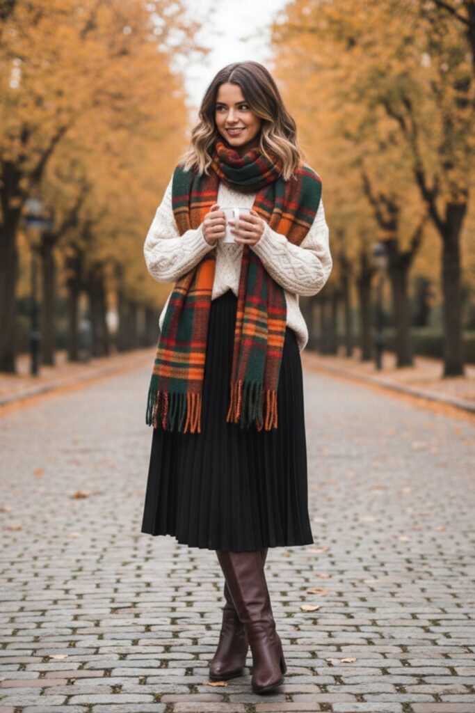 Chunky Knit Sweater, Black Midi Skirt, Knee-High Boots, Oversized Scarf