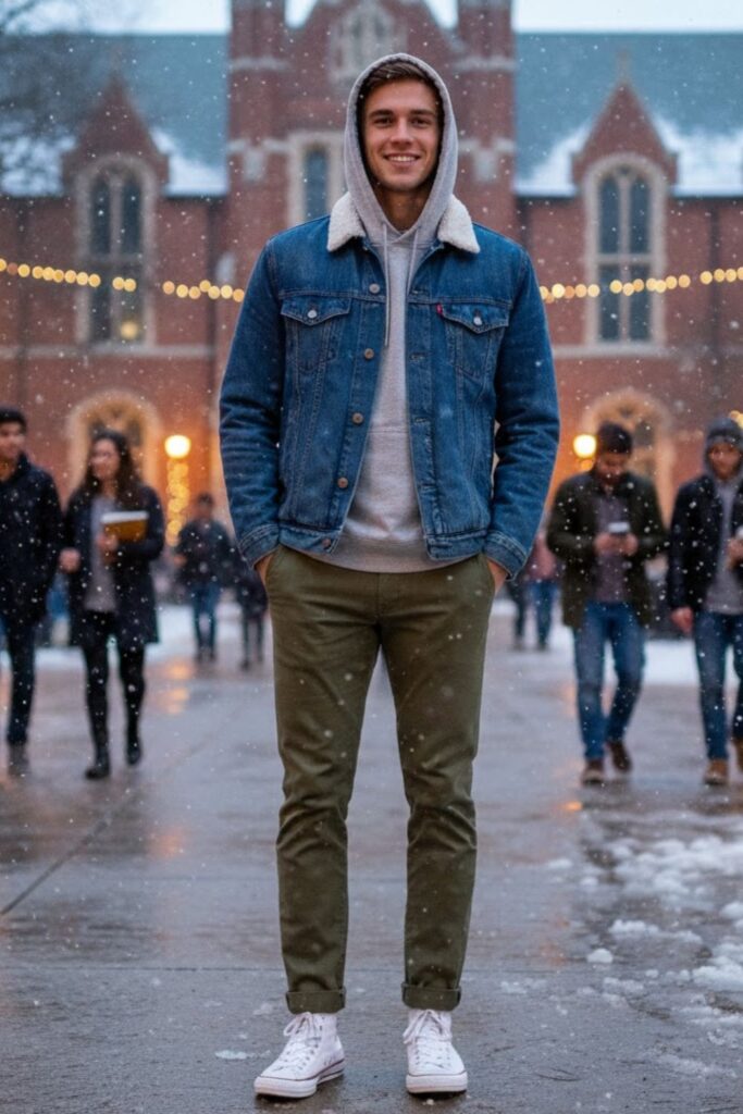 Classic Denim Jacket with Hoodie and Chinos