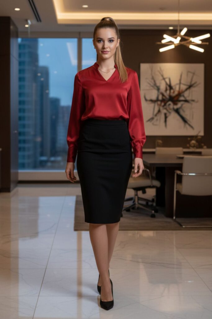Classic Red Blouse with Black Pencil Skirt
