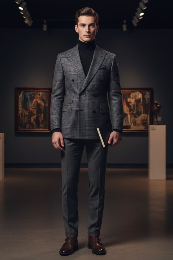 Checked Blazer with Turtleneck and Wool Slacks