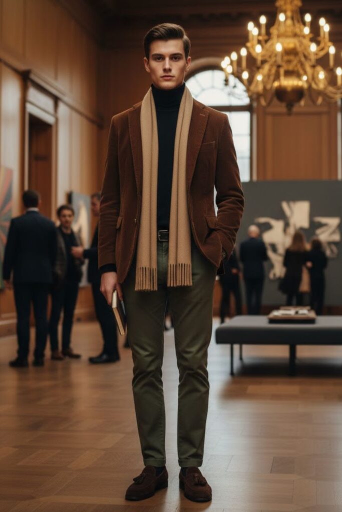 Corduroy Blazer with Cashmere Scarf and Chinos