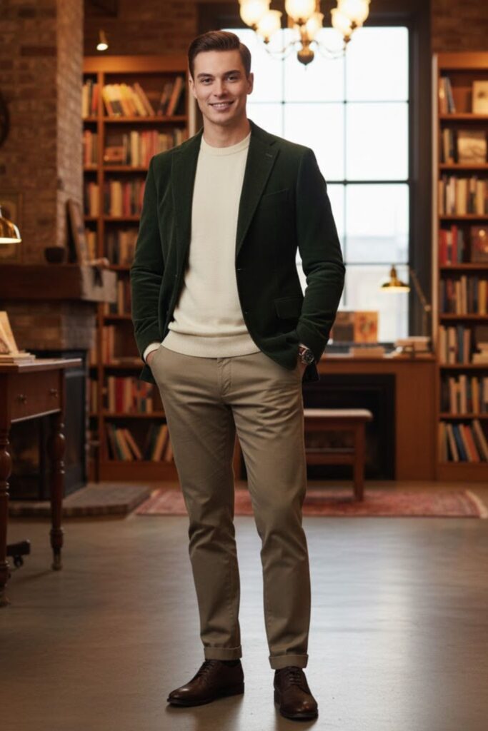 Corduroy Blazer with Crewneck Sweater and Chinos