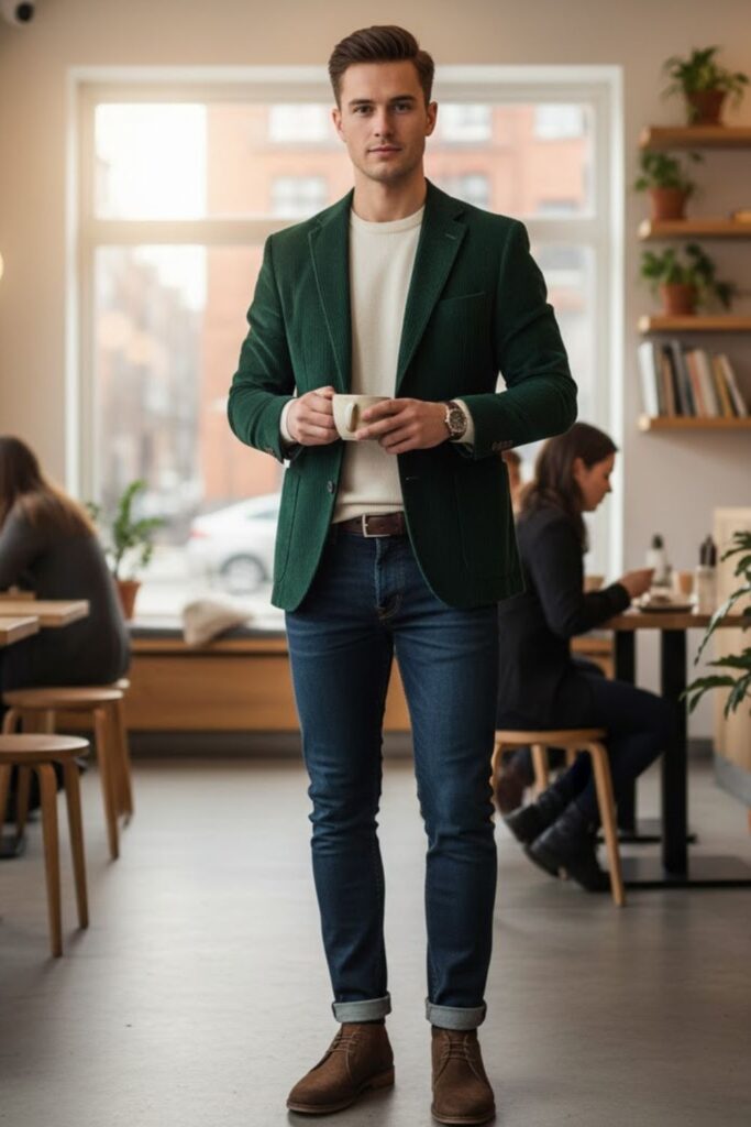 Corduroy Blazer with Knit Sweater and Jeans