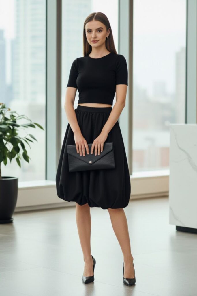 Crop Top, Black Balloon Skirt, Ankle Strap Heels, Envelope Bag