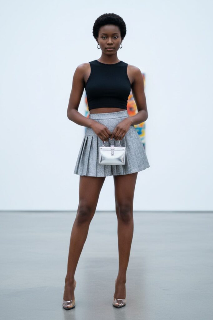 Crop Top, Silver Skirt, Clear Heels, Box Clutch