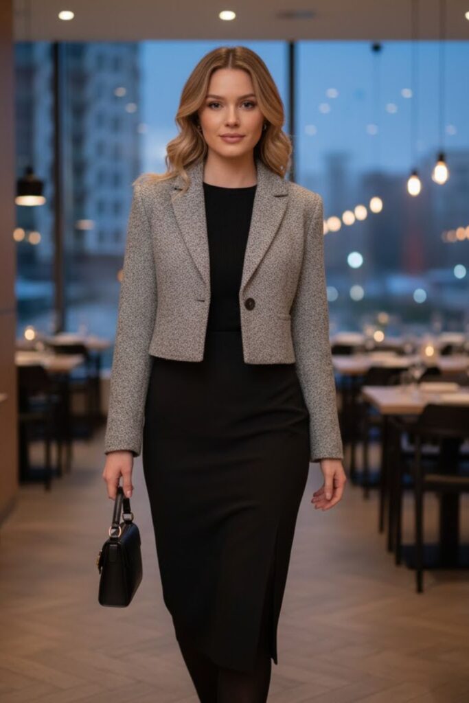Cropped Blazer with High-Waisted Skirt