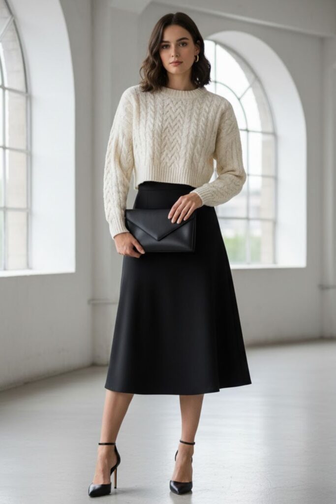 Cropped Sweater, Black A-Line Skirt, Ankle Strap Heels, Envelope Bag
