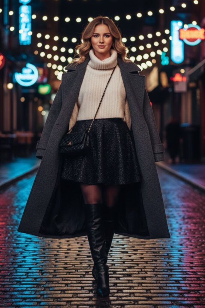 Cropped Sweater, Black Glitter Skirt, Knee-High Boots, Oversized Coat