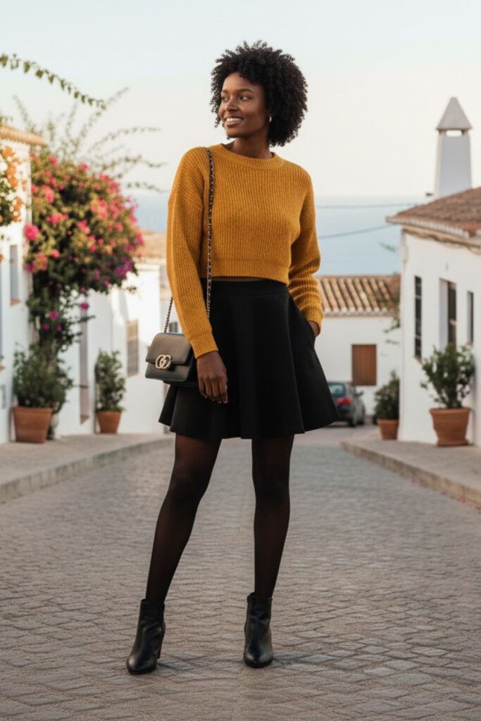 Cropped Sweater with High-Waisted Skater Skirt