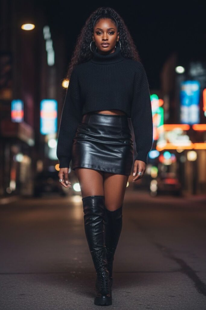 Cropped Turtleneck Sweater with Leather Skirt