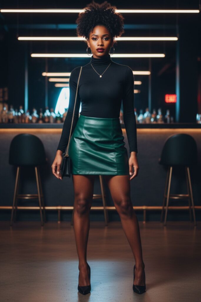 Dark Green Leather Skirt with Black Bodysuit and Stilettos