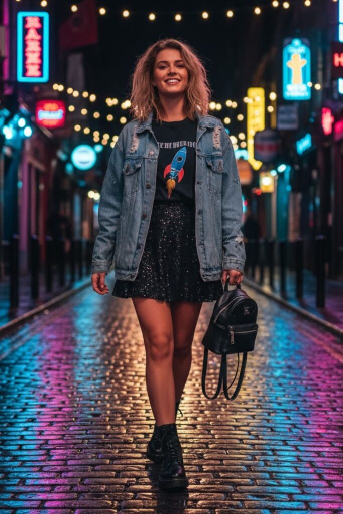 Denim Jacket, Black Glitter Skirt, Combat Boots, Mini Backpack