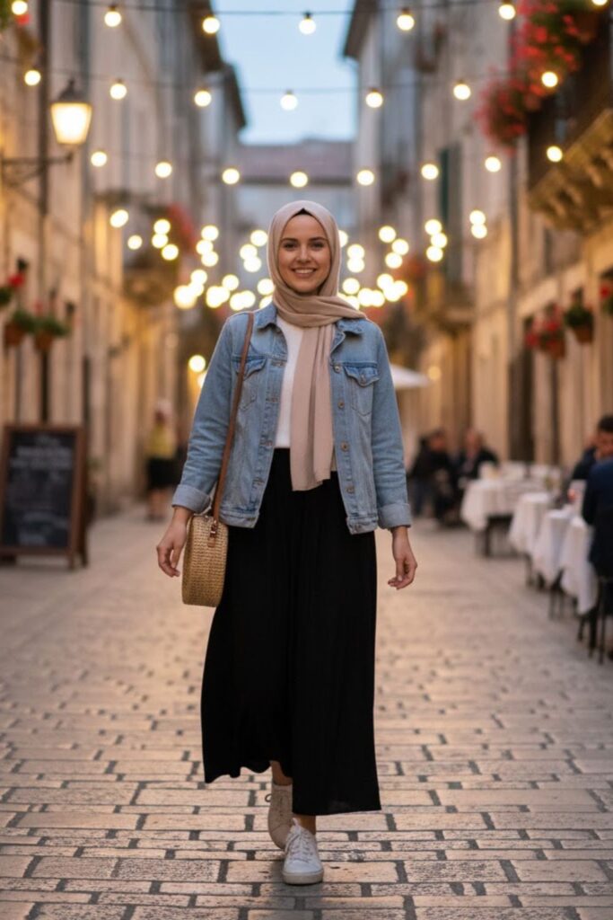 Denim Jacket, Black Skirt, Sneakers, Light Hijab
