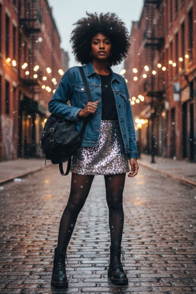 Denim Jacket, Silver Mini Skirt, Combat Boots, Backpack