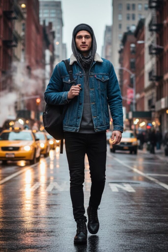 Denim Jacket with Layered Hoodie and Black Jeans