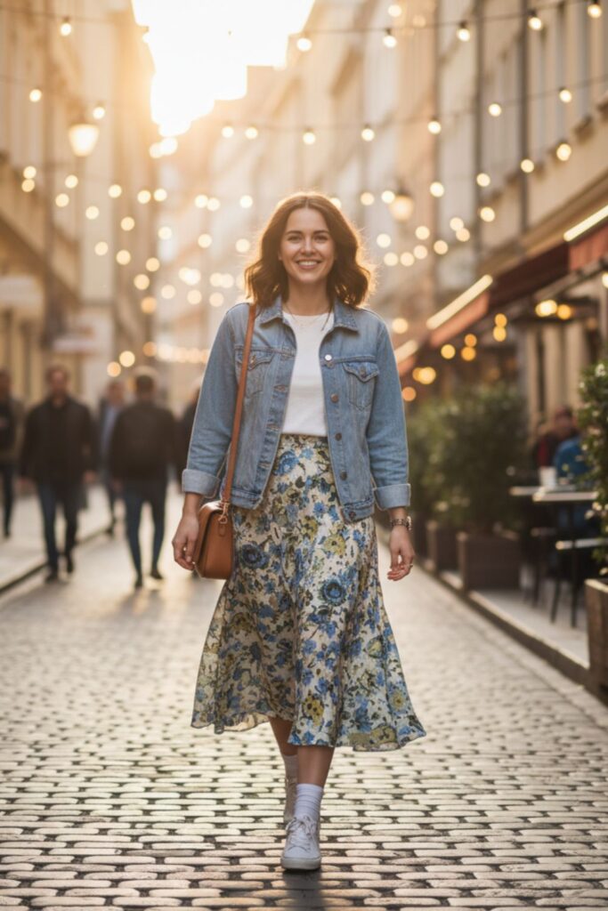 Denim Jacket with Midi Skirt
