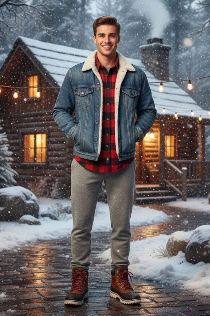 Denim Sherpa Jacket with Flannel and Fleece Pants