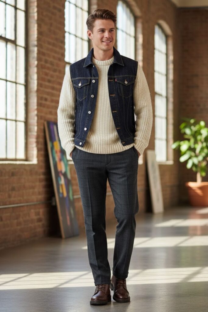 Denim Vest with Sweater and Flannel Pants