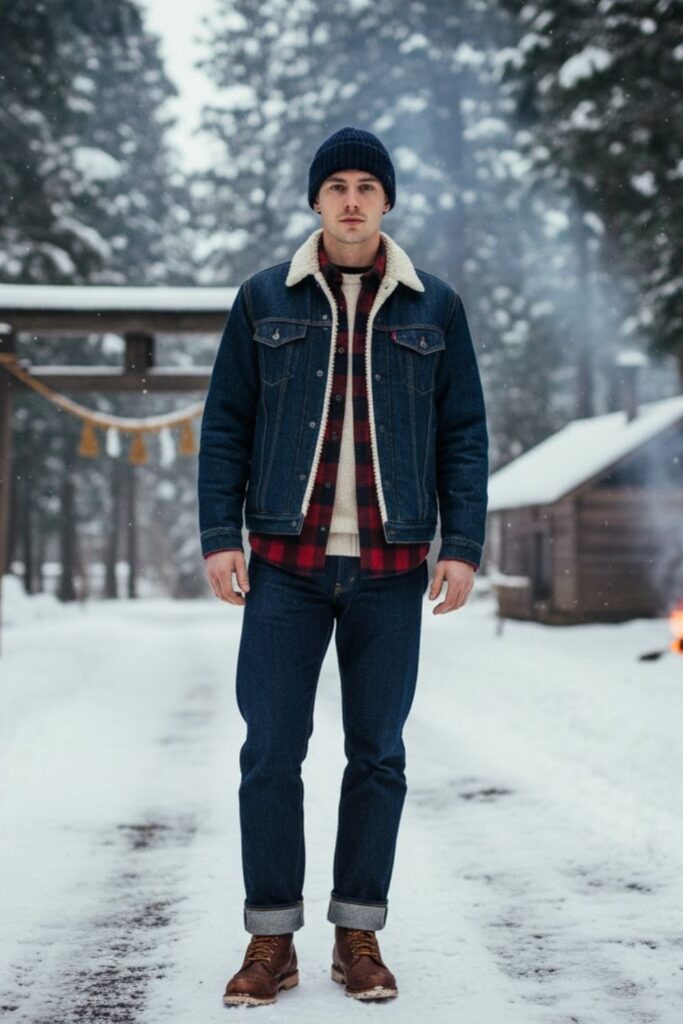 Denim jacket with sherpa lining + flannel shirt + relaxed jeans + worker boots