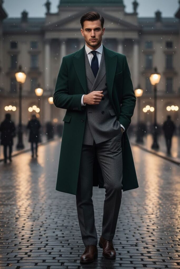 Double-Breasted Blazer with Dress Shirt and Overcoat