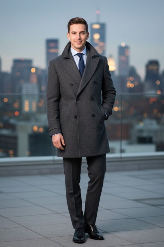 Double-Breasted Coat with Dress Shirt and Slim Pants