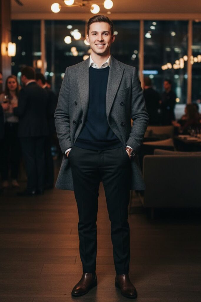 Double-Breasted Coat with Sweater and Dress Shirt