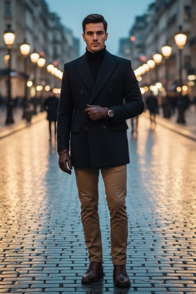 Double-Breasted Navy Coat with Turtleneck and Chinos