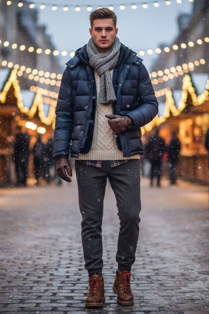 Down Parka with Joggers and Sweater