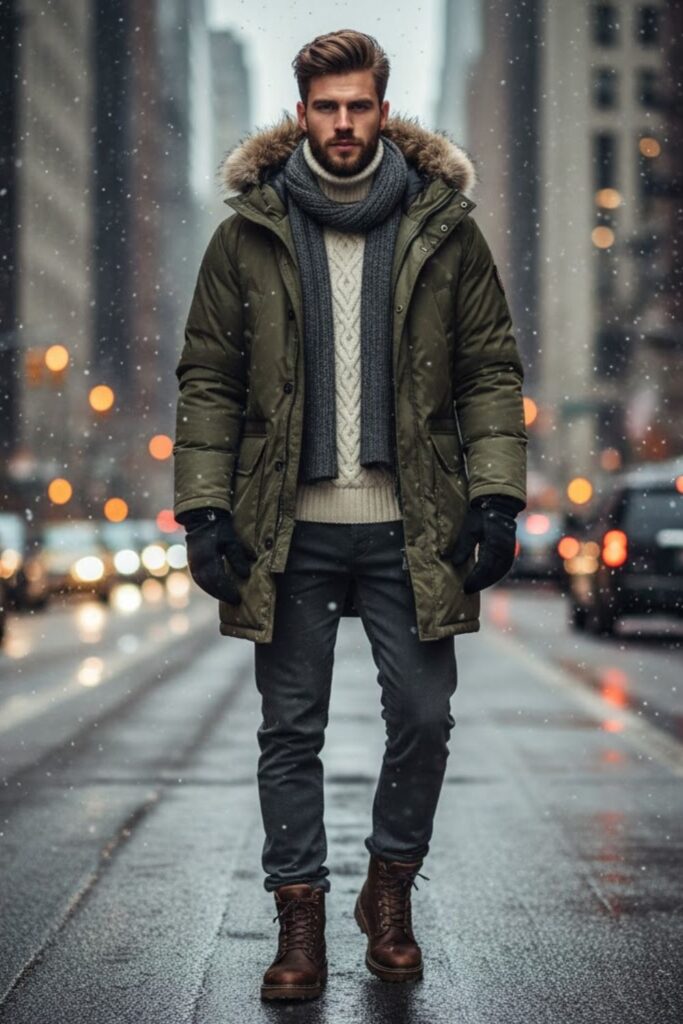 Down Parka with Knit Sweater