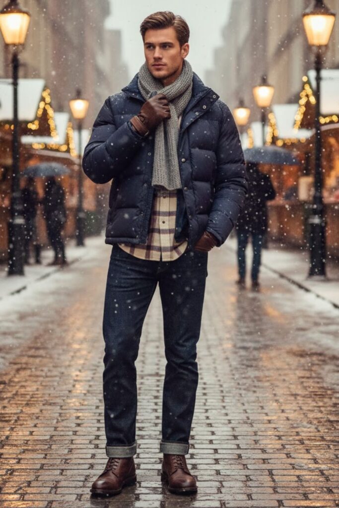 Down Puffer Jacket with Denim and Knit Scarf