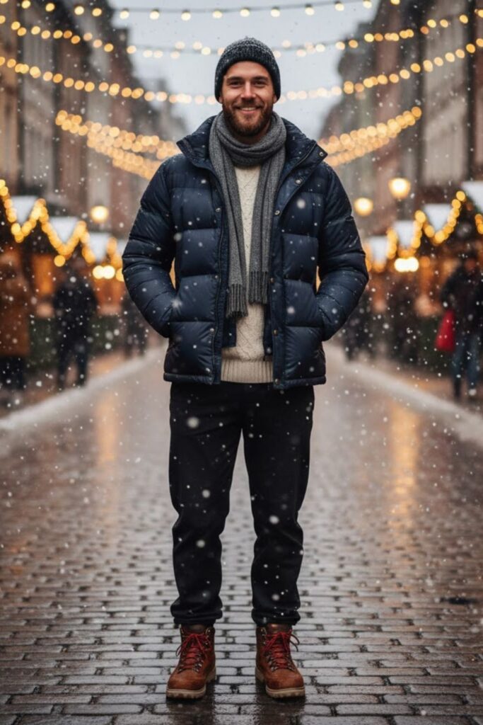 Down Puffer Jacket with Thermal Base Layers and Snow Pants
