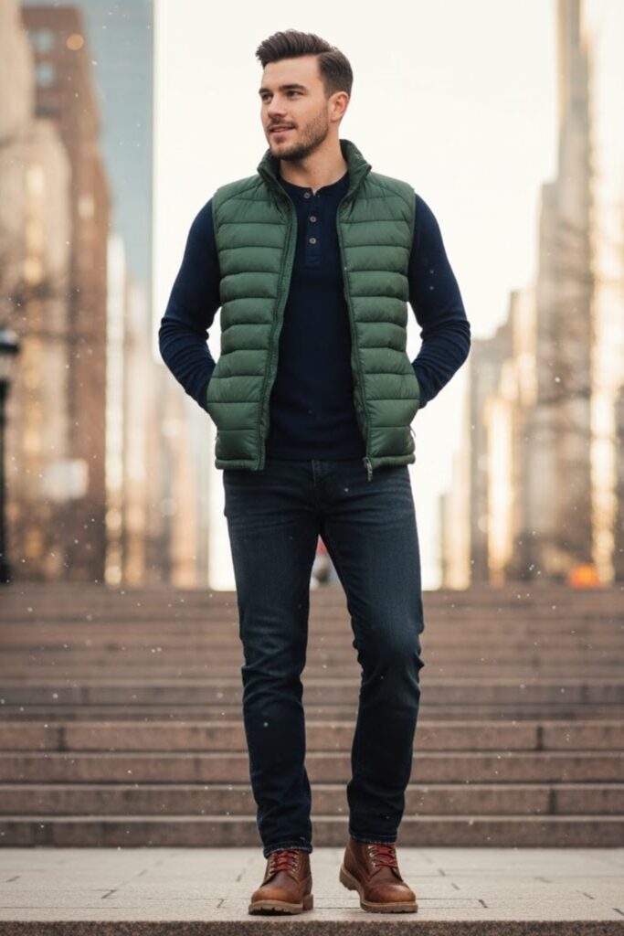 Down Vest with Henley and Jeans