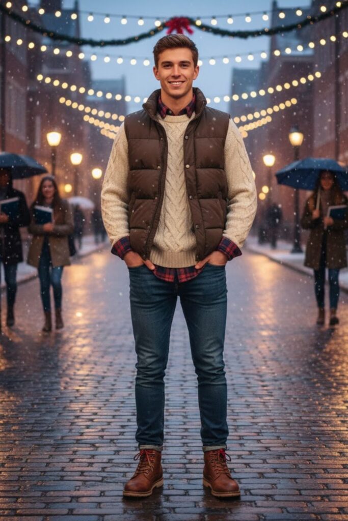 Down Vest with Sweater and Plaid Shirt